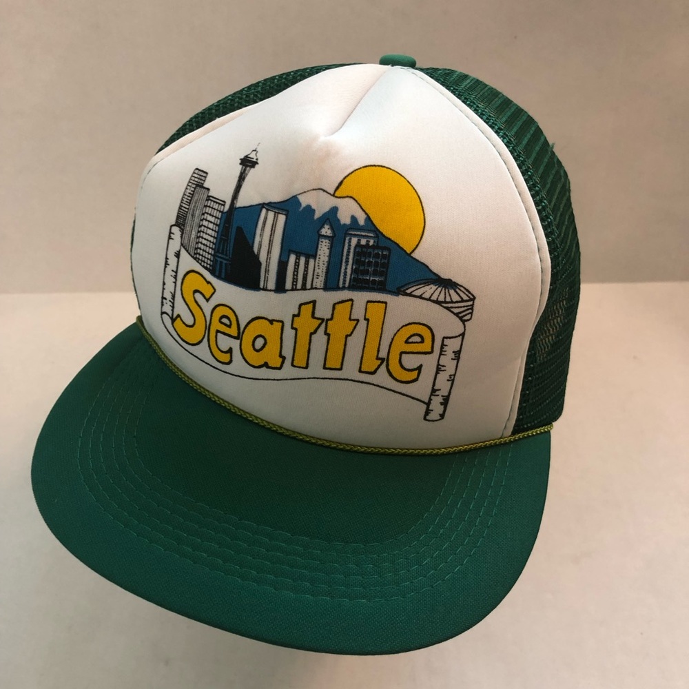 Vintage 80s Seattle Washington Green White Mesh Rope Snapback Trucker Hat Cap